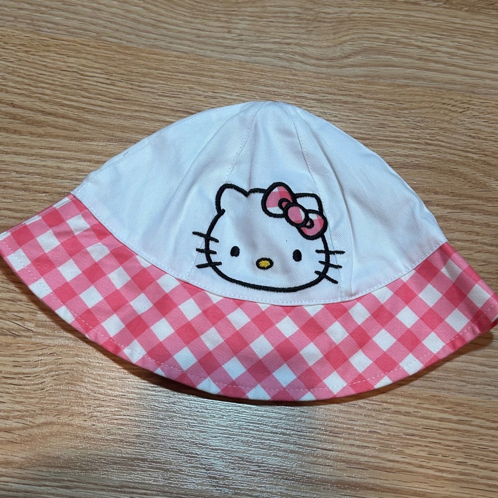Hello Kitty Sanrio Pink Gingham Bucket Hat‎ Embroidered White Sun Hat Kawaii